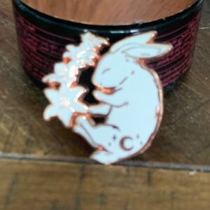 White Enamel Bunny Brooch with Floral Accent - Women's Jewelry